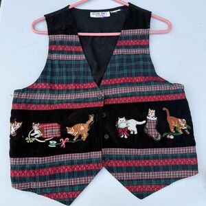 Vtg Victoria Jones Christmas Vest Kitties Crazy Cat Lady Kitschy 90s